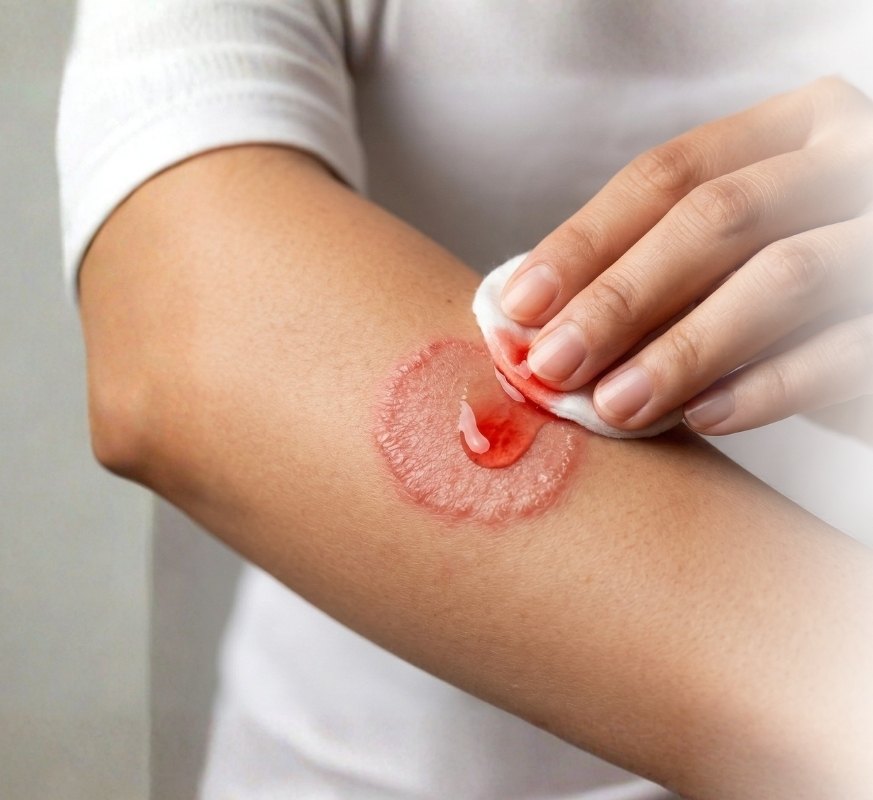 Mishree Lotion being dabbed onto a ringworm patch on a forearm with a cotton pad.